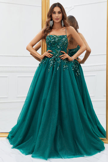 Vestido de Baile Largo Tul Verde Oscuro Apliques